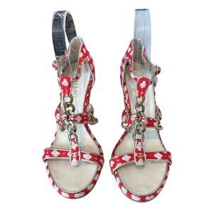 Chanel Red White Tweed Gold Chain Logo Strappy Block High Heel Sandals EU 38.5